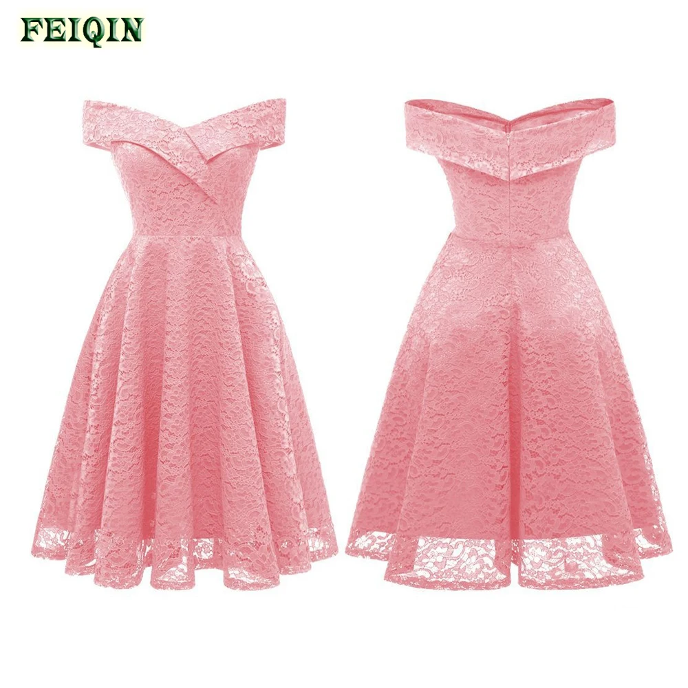 Women Wedding Formal Elegant Casual Dresses Off Shoulder Sleeveless Vintage Floral Lace Bridesmaid Ankle-length Dress