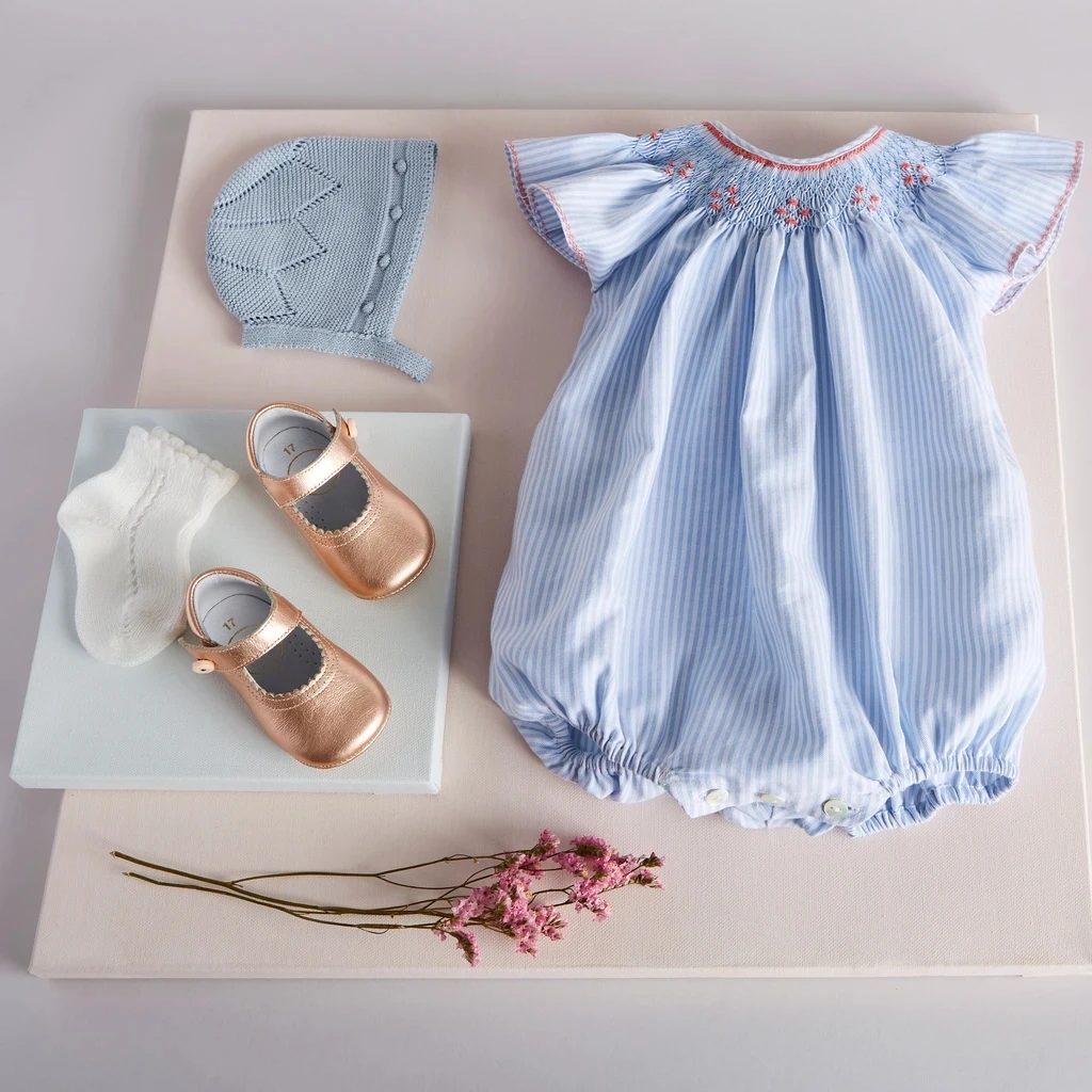 
High Quality Baby Light Blue Handsmocked Cotton Romper 