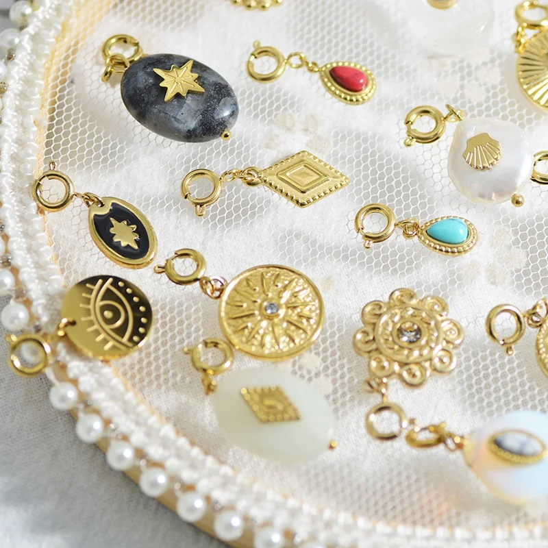 Vintage Jewelry Stainless Steel Gold Plated Bead Cross Chain Custom Necklace Enamel Geometric Natural Stone Pendant Accessories