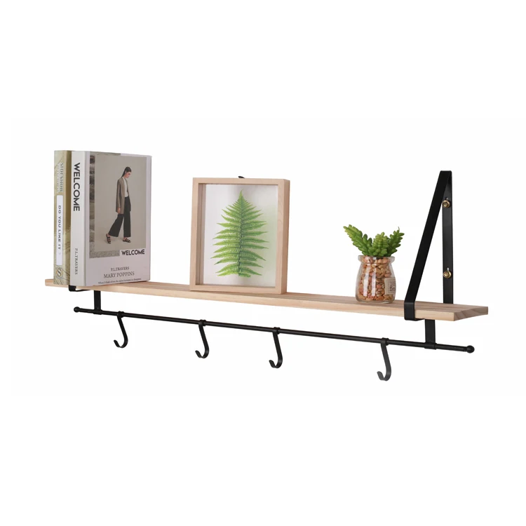 Morden Floating Shelves Wall Mounted Black Metal Natural Wood Display Shelf With 5 Hooks For Living Room
