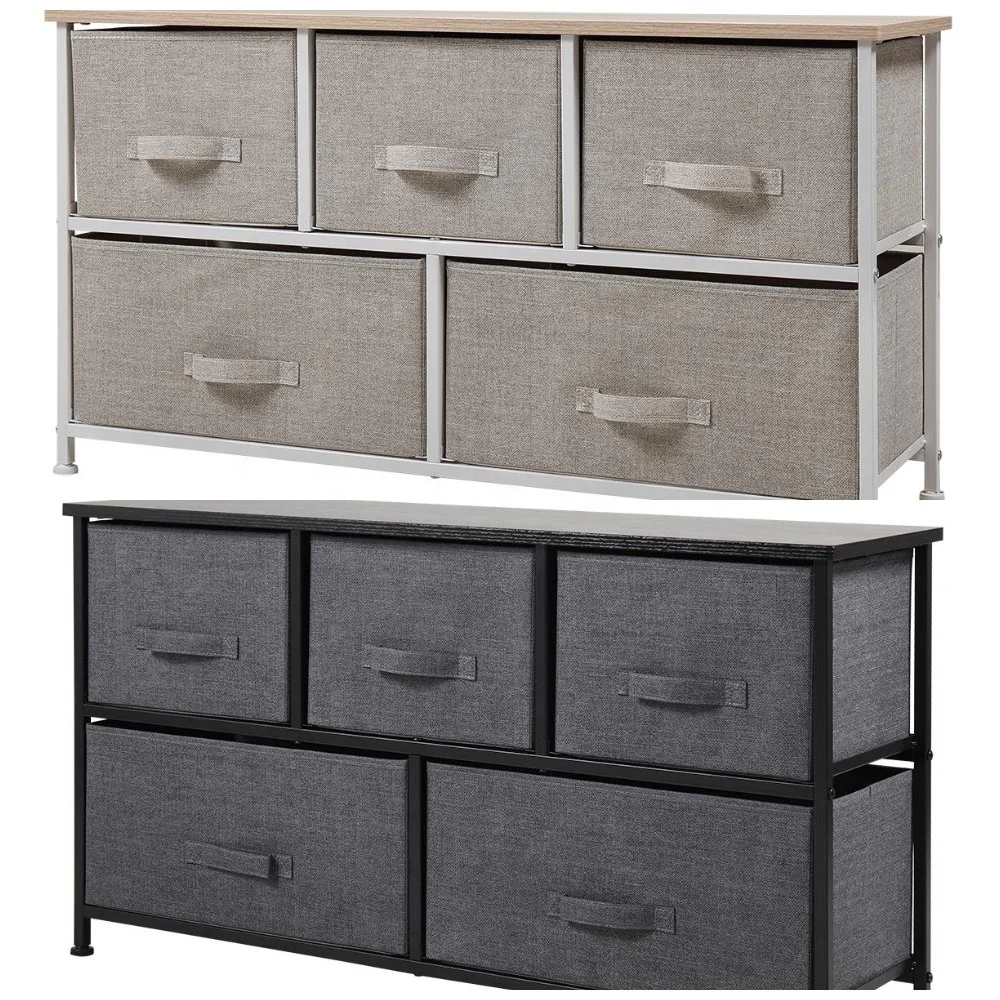 US warehouse Simple and Modern Storage Chest with 5 Fabric Drawers with a Metal Frame, Living Room Bedroom Furniture