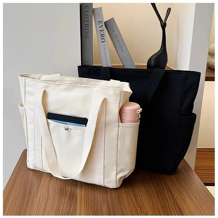 Wholesale Cheap Reusable Shopping Bags Plain White Blank Cotton Canvas Tote Bag with cup holder