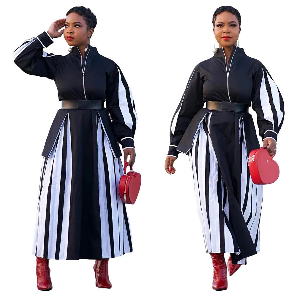 Hot Selling Products High Quality Women Clothing Patchwork Zipper Collar Long Sleeve Wide Hem Dresses