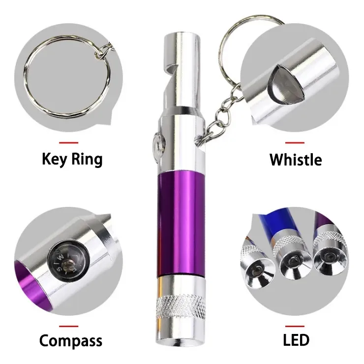 Gift  3 in 1  Aluminum Multi-color Small emergency Torch  LED Keychain Flashlight with Whistle and compass