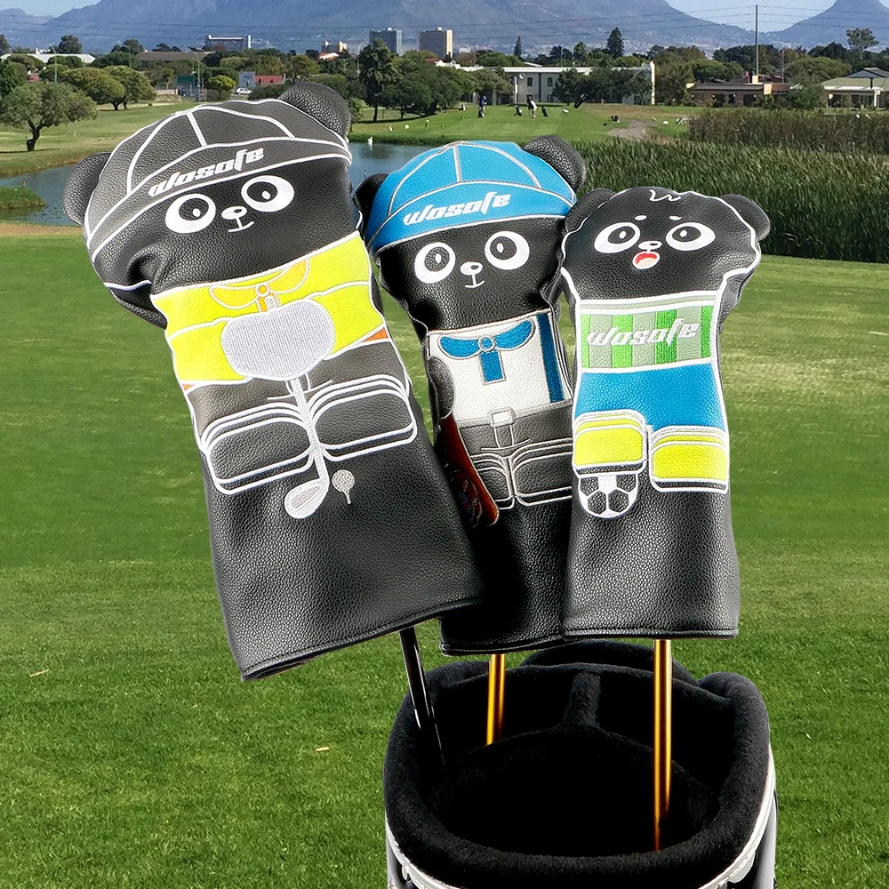 Custom New Design Cute panda golf headcover set  PU Leather golf Driver Fairway Hybrid