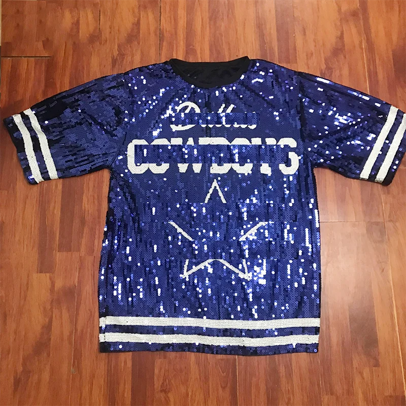 Factory Custom hot sale Football teams Style Blue Party Dresses Sequin  Dallas sequin dress Women sequins long t shirt dress