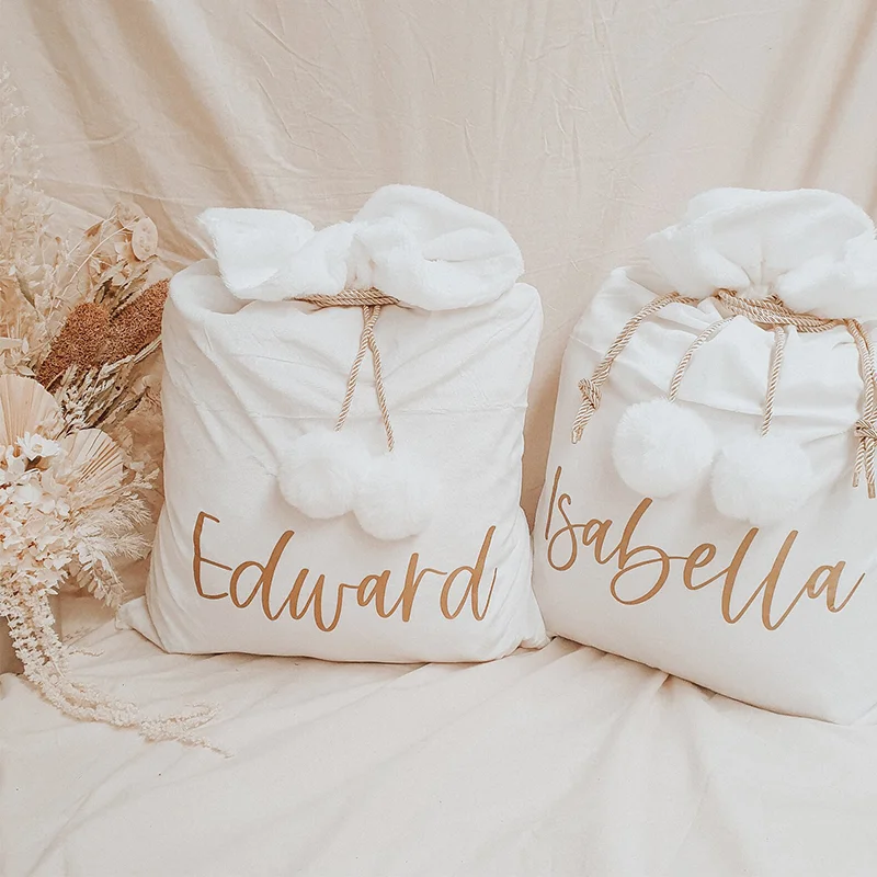 Праздничный Санта-мешок хорошего качества, мягкий бархат с большими помпонами, монограмма, бархатные рождественские мешки