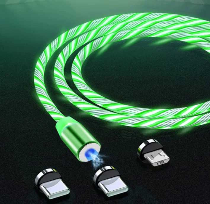 Wholesale Magnetic Fast Charging USB Cable Flowing Light 3 IN 1 Cable USB Led Luminous USB Cable