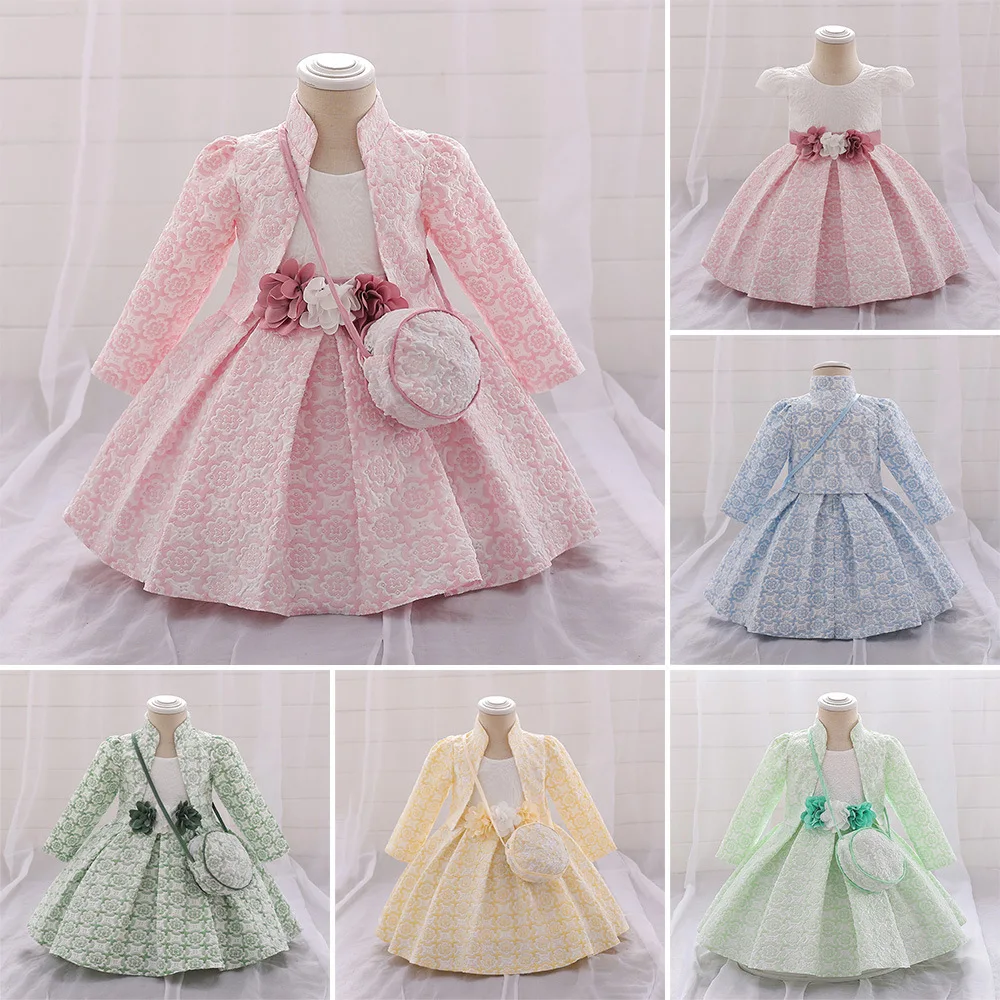 Autumn New Pink Flower Girls Dresses Princess Skirt Mesh Delivery Satchel 3pcs High-end Kids Clothing Baby Girls Party Dress