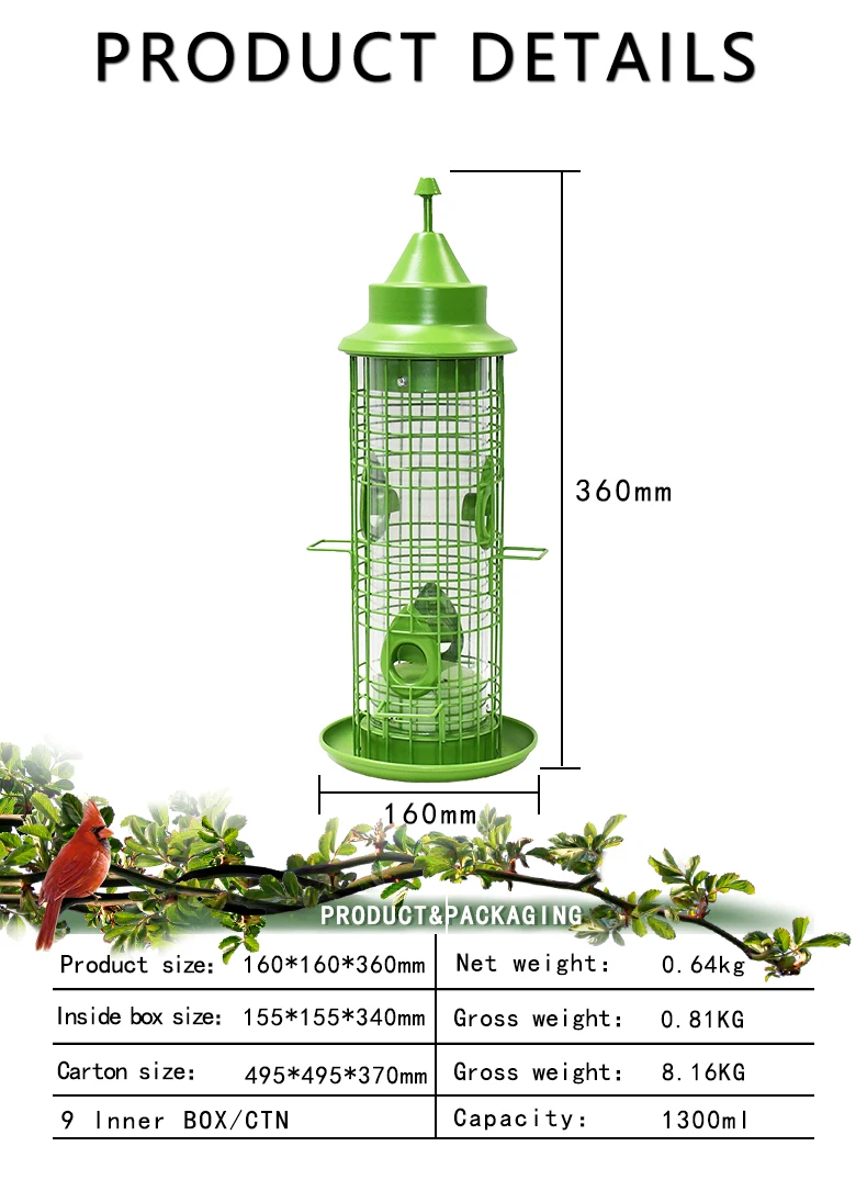Outdoor Garden Backyard Hanging Decoration Metal Wire Cage Squirrel Proof wild Bird Feeder With Four Feeding Ports