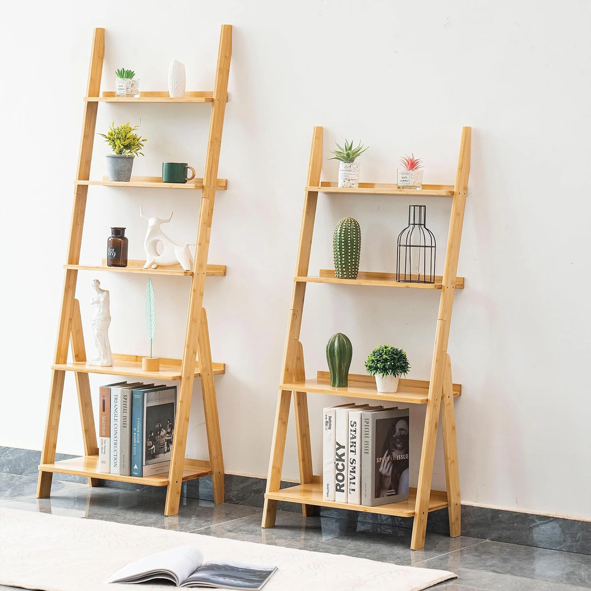 High Standing Wall Bookcase Bamboo Wooden Tilting Bookcase Organizer Living Room 4-Storey Bamboo Wooden Ladder Bookcase