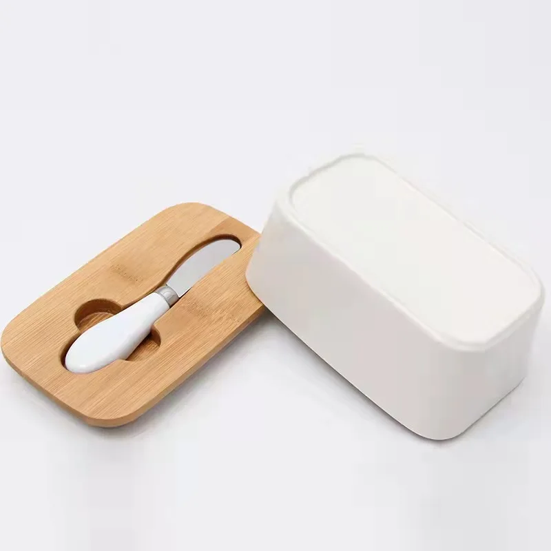 96-9  Holder Large Butter Dish Butter  Porcelain Container Keeper Storage Wooden Lid And Steel Knife Cheese Dish