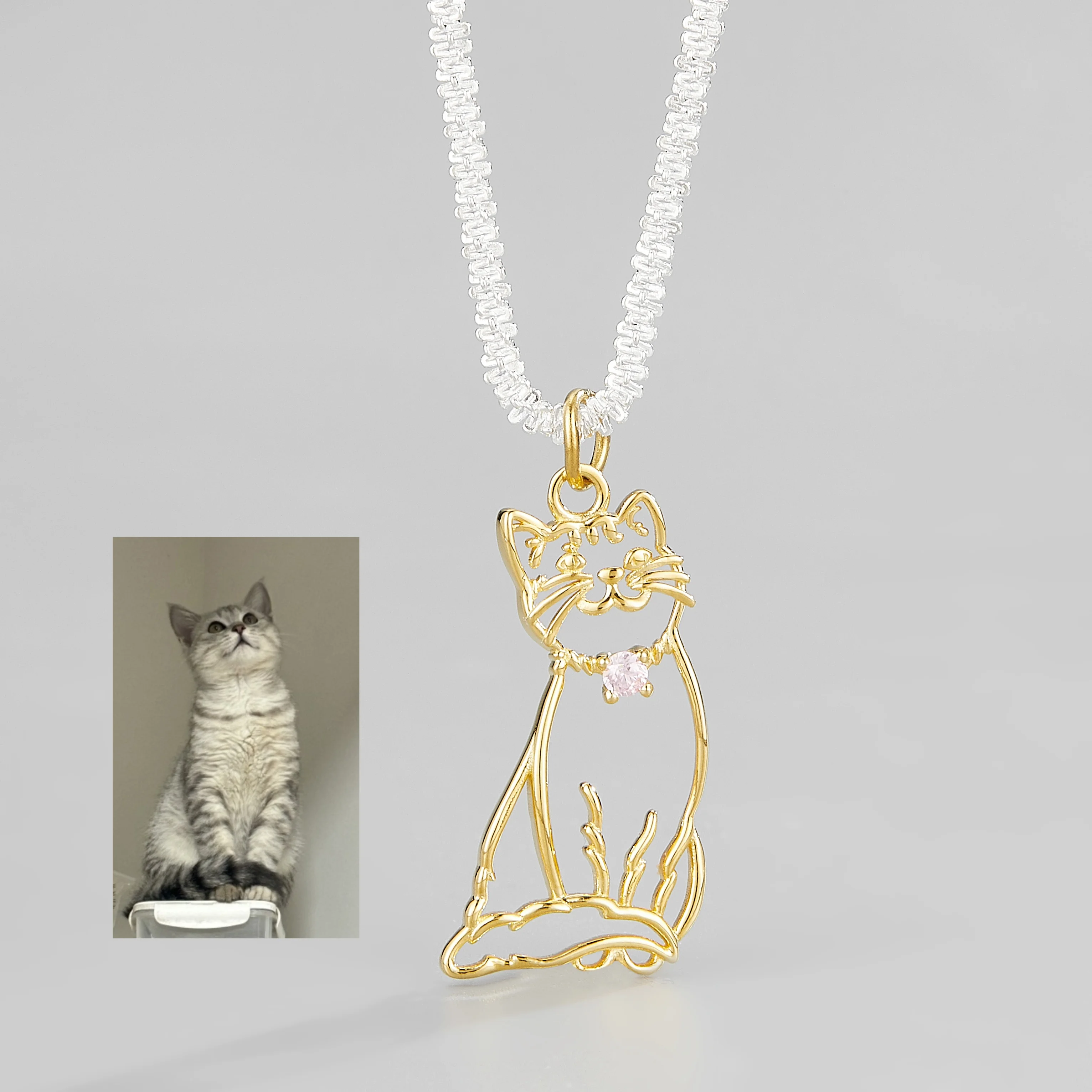 Diamond Dog Cat Charm Necklace 925 18K Gold Plated Sterling Silver Pet Outline Necklace Pendant