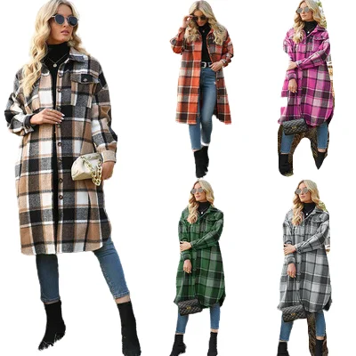 2021 Autumn Wholesale Long Sleeve Ladies Plaid Woolen Coat with Pocket Jacket Woman Jacket plaid trench coat