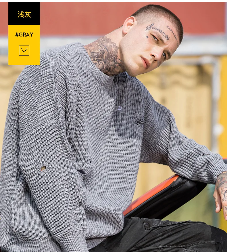  Трикотажный свободный свитер в стиле хип-хоп для мужчин пара большой размер рваный пуловер новейший дизайн свитера