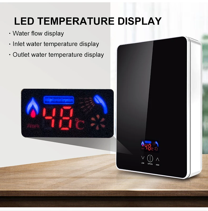 New design 3.5KW led display mini tankless electric instant shower water heater for multi-application scenario