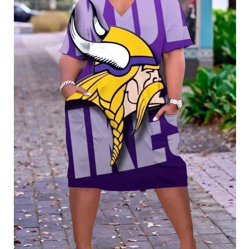 Trademark Casual Trendy Dresses Short Sleeve Midi Loose Dress Football Teams Logo Print Women Casual Clothes Dresses