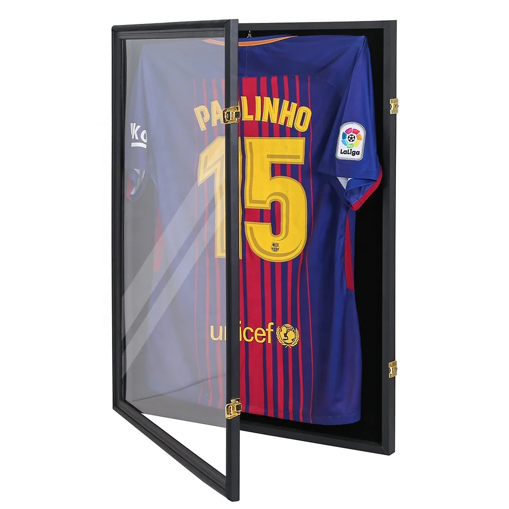 Custom wood black wall mounted Lockable 98% UV protection acrylic Basketball Hockey  jersey shadow box frame jersey frame