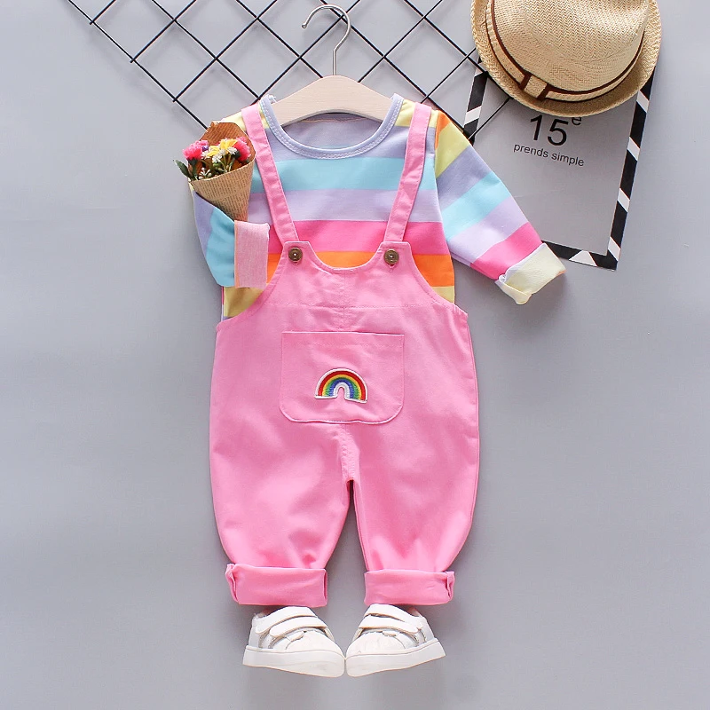 2021 wholesale Autumn stylish low price with good quality Tshirts+suspender trousers two pieces kids girls clothing suit