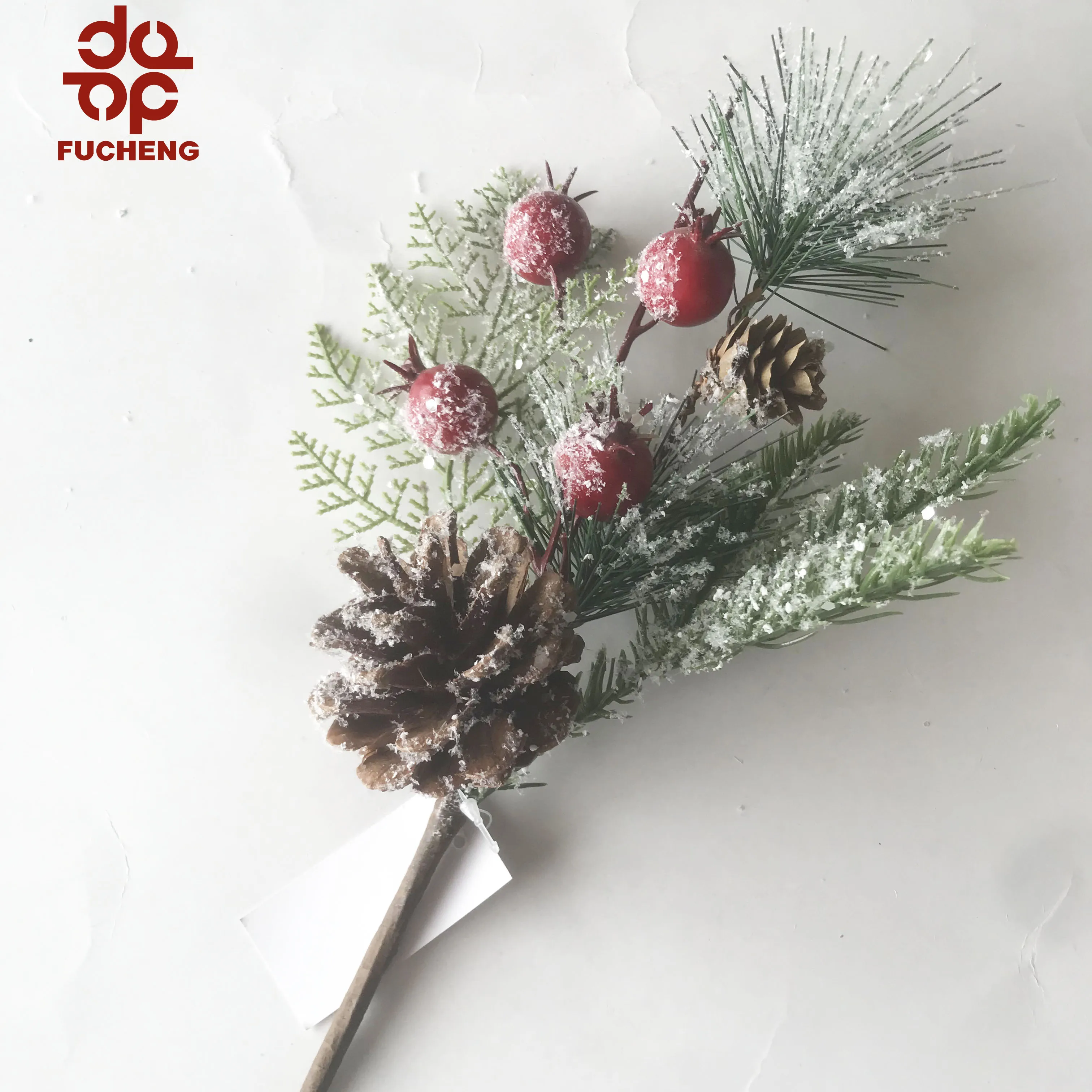 
Hot Selling Artificial Christmas Flower with pine nuts poinsettia berry pine branch with snow for flores de navidad decor 