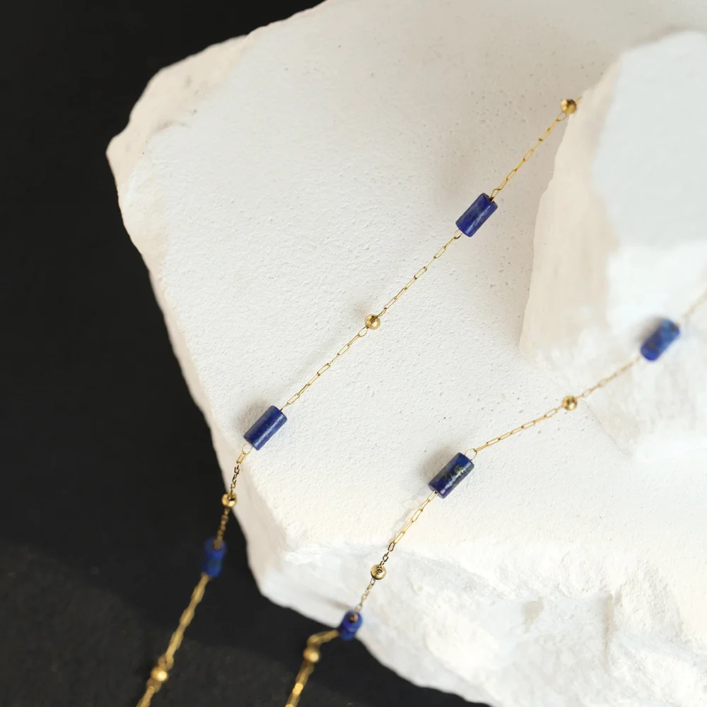 Vintage Lapis Pendant Necklace Stainless Steel Tarnish Free Blue Stone Beads Chain 18K Gold Plated Natural Stone Jewelry