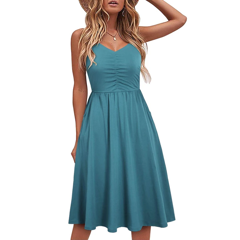 Custom Casual Dresses for Women Sleeveless  Summer Beach Bamboo spandex Dress  Spaghetti Strap Sundresses with Pockets patterns