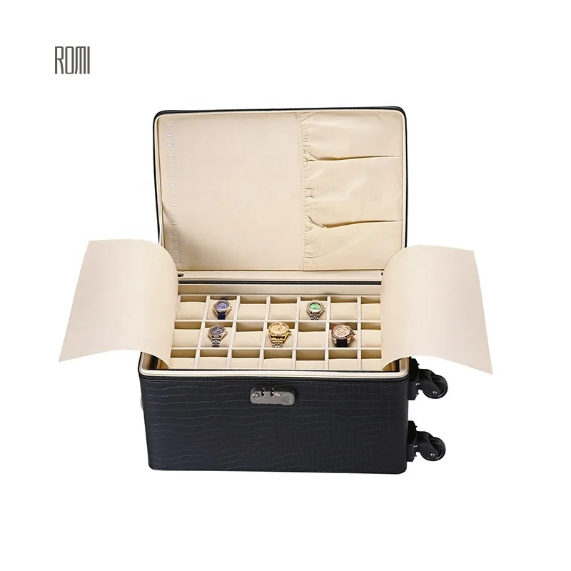 large black travel handle leather jewelry box watch jewellery organizer case