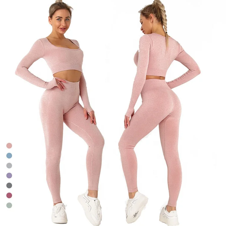 2021 Fashion Basic Leggings Sport 2pcs Long Sleeve Jogging Set Activewear Fitness Yoga Wear For Woman