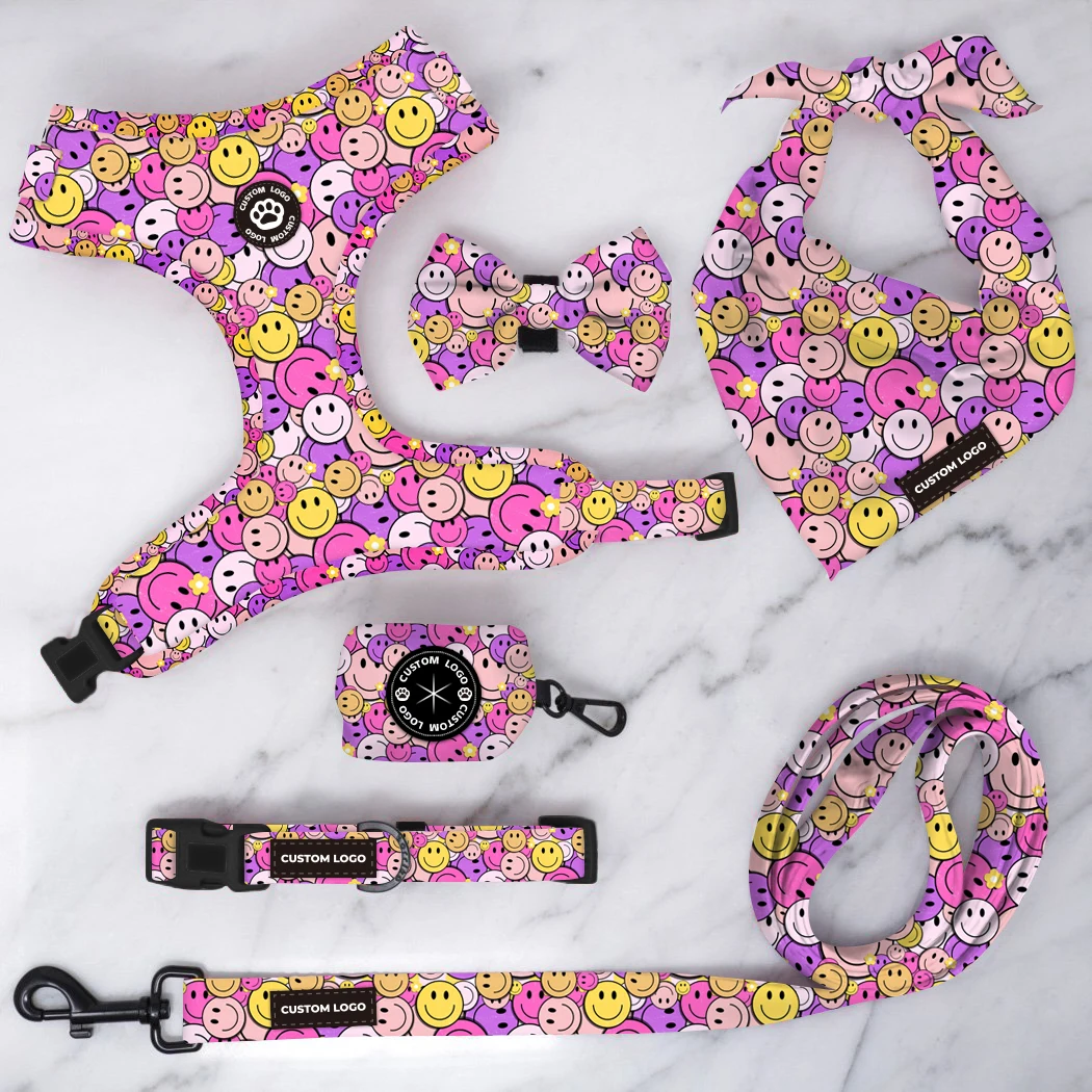 Adorable woof paws design printed dog harness set petshop puppy lovely dog leash and poop bag holder wholesale