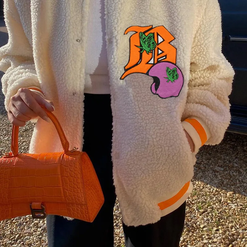 Plush Casual Cardigan Sweater For Women Fall Warm Letter Print Loose Coat Long Sleeve O Neck Winter Jacket