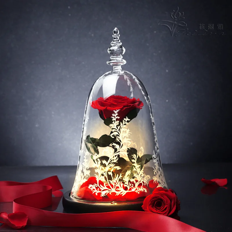 Rose Beautiful Artificial Red Eternal Rose Preserved Flower With Led Lights in Glass Dome for Festival or Birthday