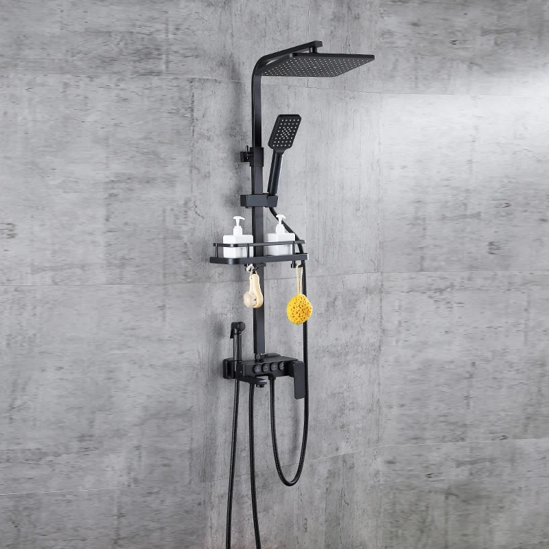 Высококачественный настенный черный смеситель для ванной комнаты, смеситель для душа из нержавеющей стали с полкой