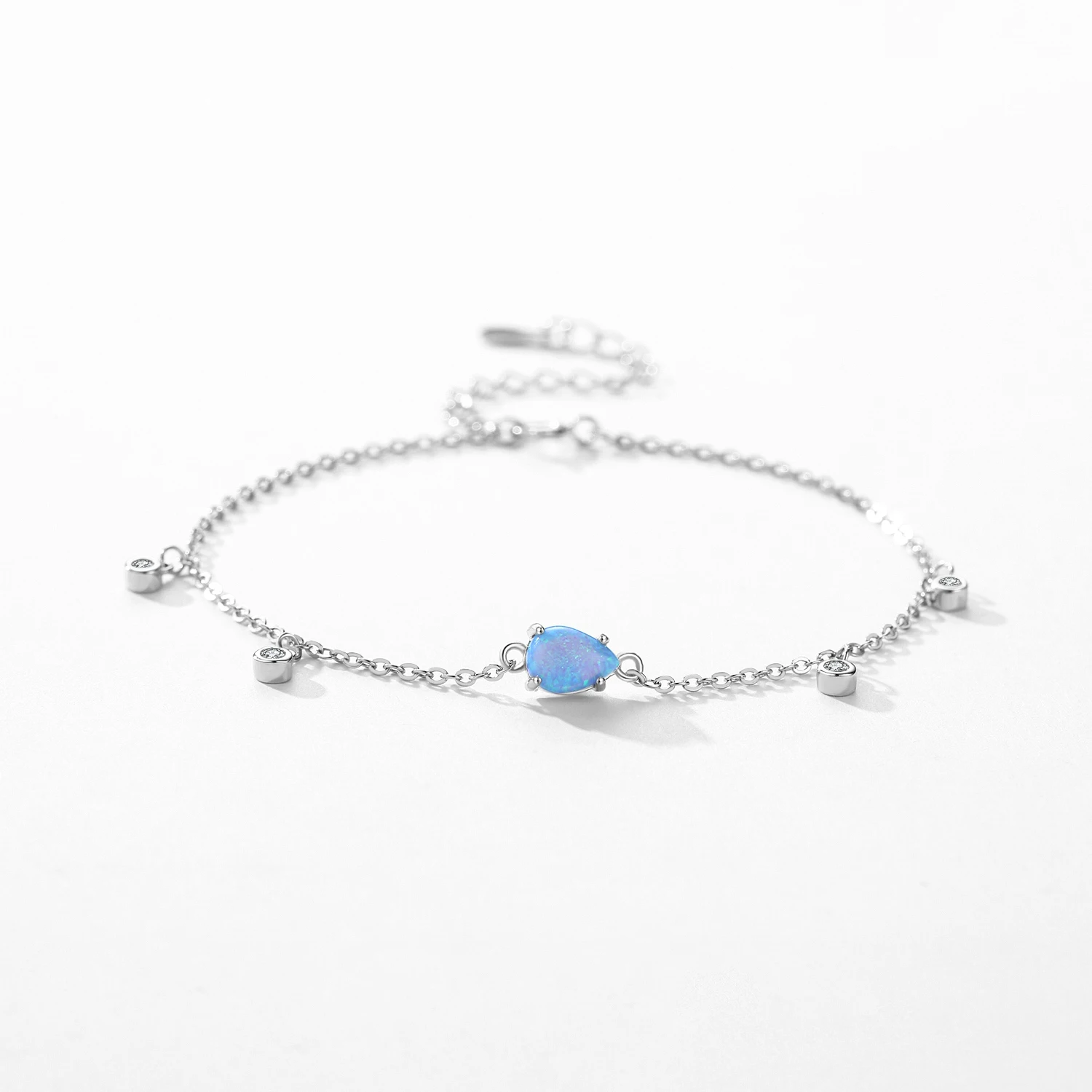 Blue Opal Link Chain Bracelet 925 Sterling Silver Delicate Charm Water Drop Adjustable Charm Bracelet Fine Jewelry