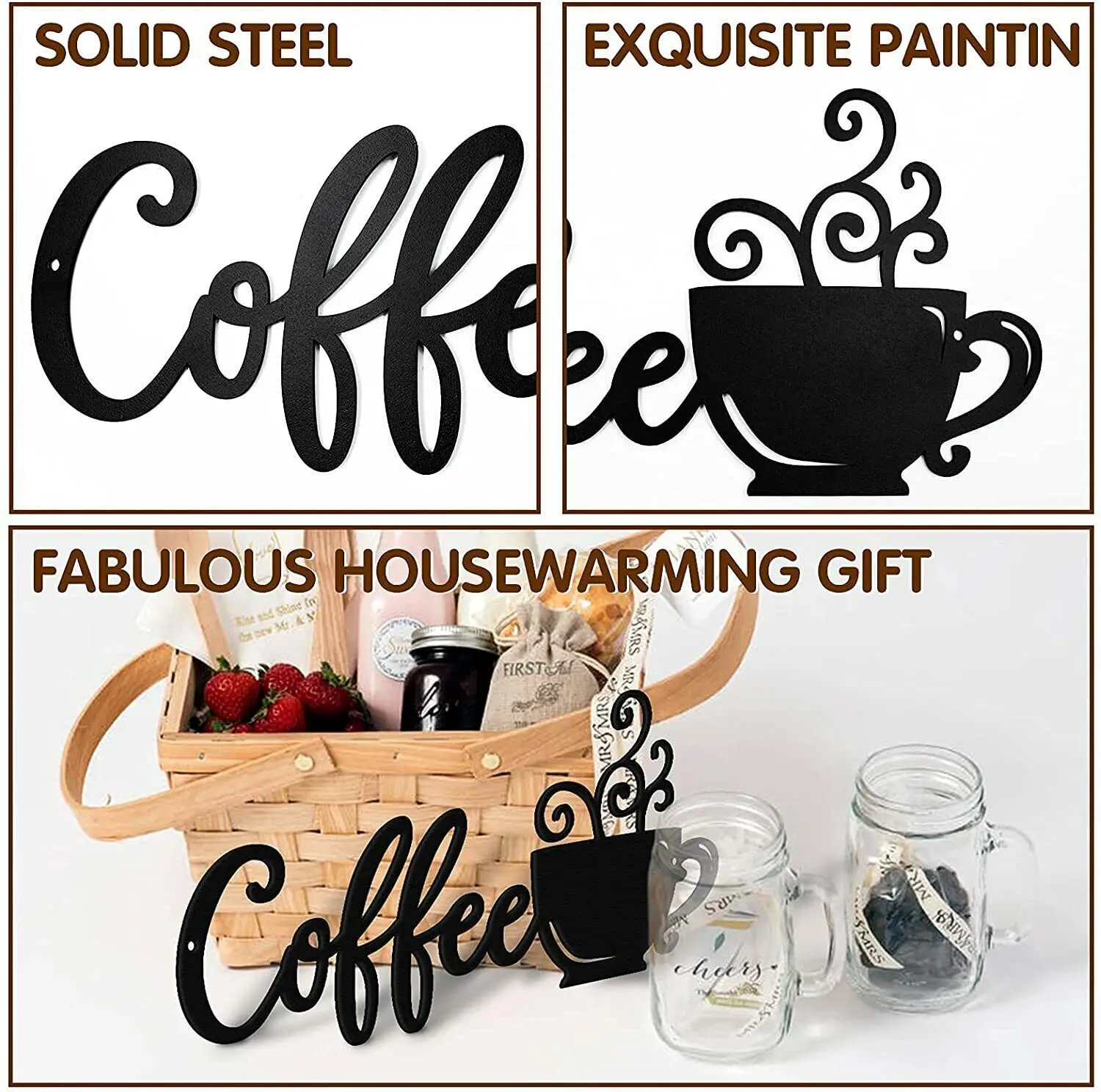 Wholesale Home Decor Coffee Pattern Metal Wall Art Black Wall Hanging Handicraft Elegant Still Life Design Wall Hanging Decor