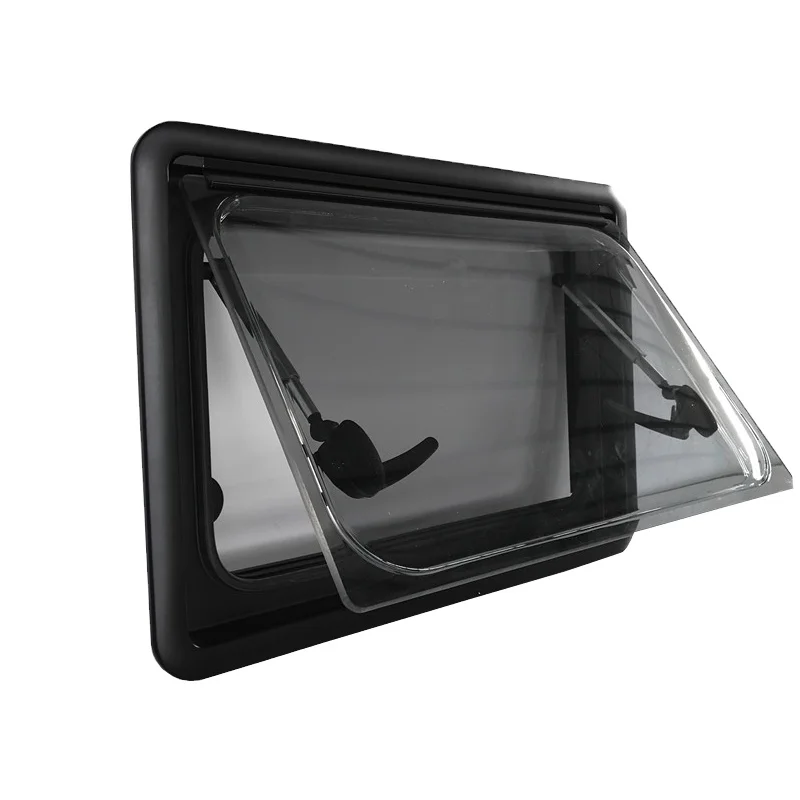 Hinged Caravan Window with Fly Screen and Roller Blind - 700 x 400 mm - Telescopic Opening Window