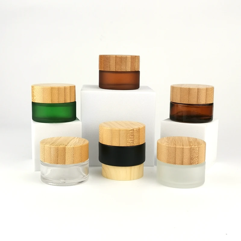 15 g Frosted Glass Jars Wood Lid ml Matte Black Jar with Bamboo Empty Green Cosmetic Package Face Cream