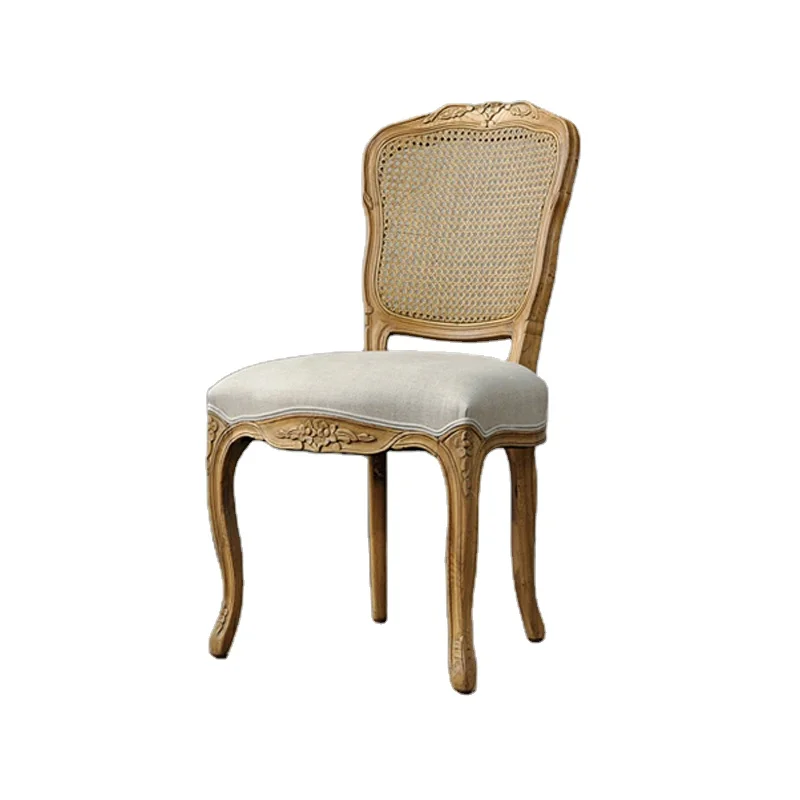 French Furniture Antique Fabric Classic Rubber Wood Style Rattan Back Restaurant Dining Chair