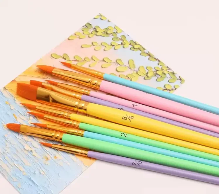 Nylon Paintbrushes Set 10pcs Flat and round Hair Shape with Wood White Black Blue Handle for Oil Watercolor Art Painting