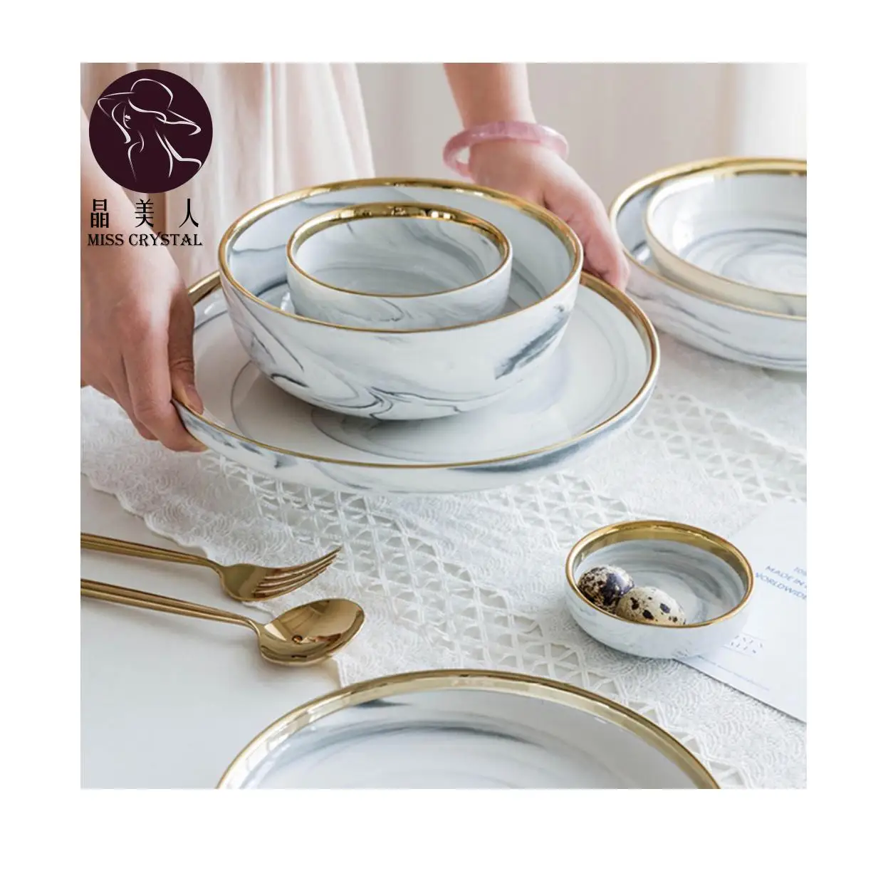 Ceramic Dinner Plates Set Dish Marble Design Steak Food Plate Salad Soup Bowl Dessert Cake Plate Dinnerware Set Restaurant Hotel
