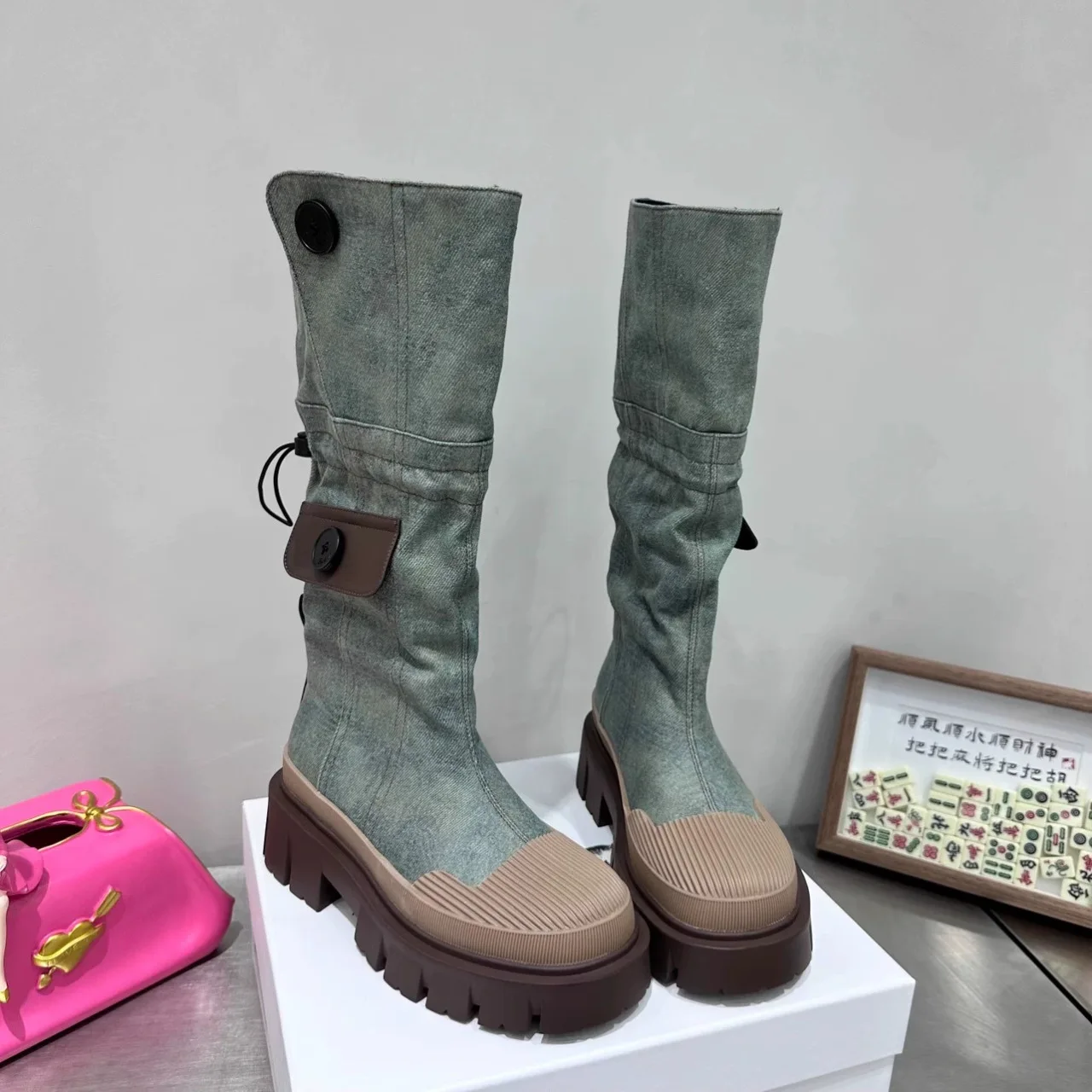 PDEP  denim boots women shoes 2023  New Canvas Thick Sole Round Head Comfortable ladies knee high long boots