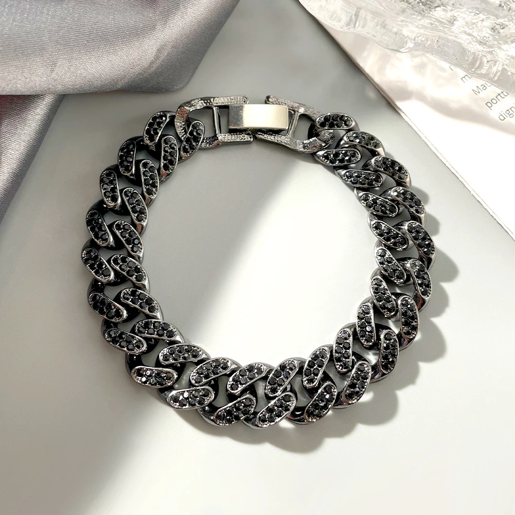 Fashion Hip Hop Black Diamond Iced Out Jewelry Bling Bling Crystal Rhinestones Miami Cuban Link Chain Bracelet For Men Women