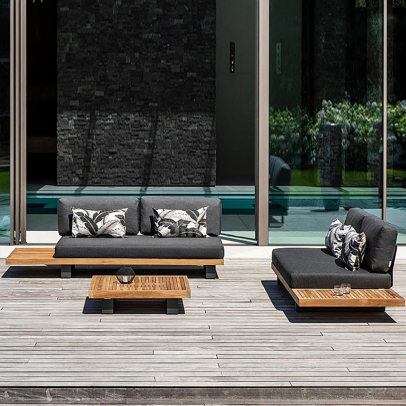 Simple Modern Waterproof Teak Wood Furniture with Cushions Living Room Balcony Garden Patio Hotel Sectional Outdoor Sofa