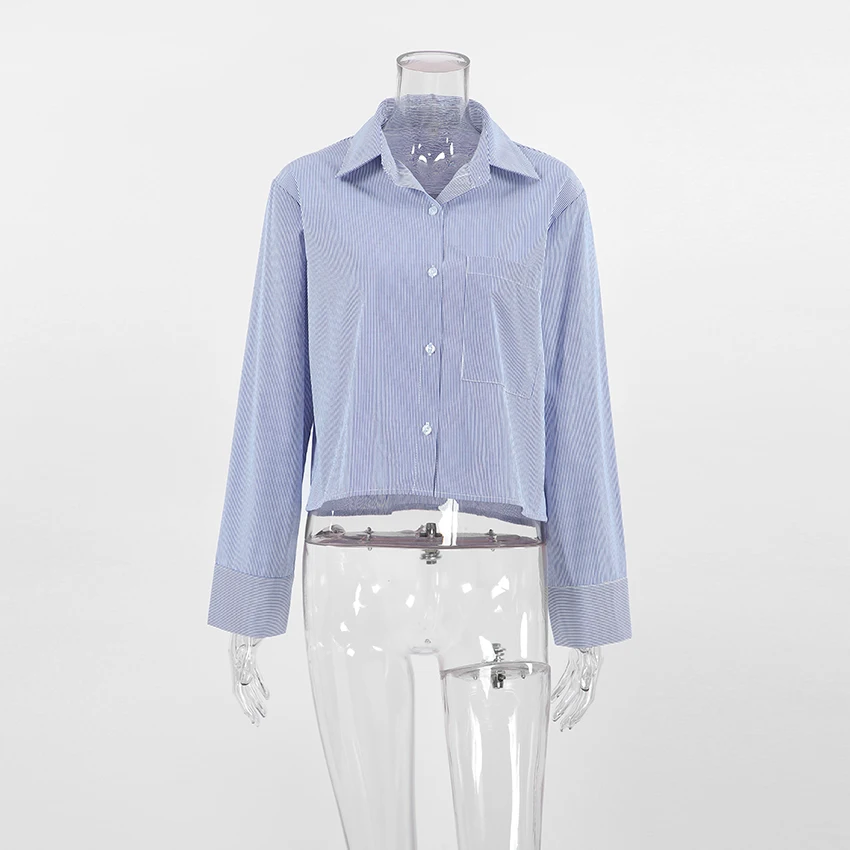 OOTN Casual Pockets Sexy Crop Tops Women 2024 Autumn Long Sleeve Office Lady Blue Shirts Blue Stripe Shirts For Women