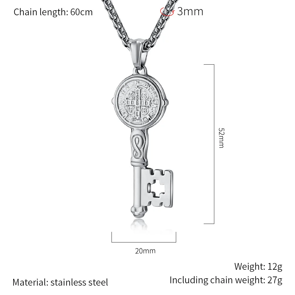 Christian Saint Benedict Key Design Pendants Necklace Stainless Steel Chain Fashion Jewelry Religious Necklace For Men Women