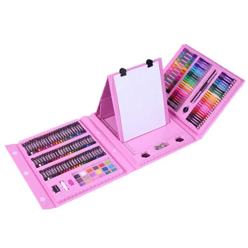Non-Toxic Kids Plastic Case Watercolor Pen Colour Pencil 208 Pieces Art Drawing Set With Easel Kit