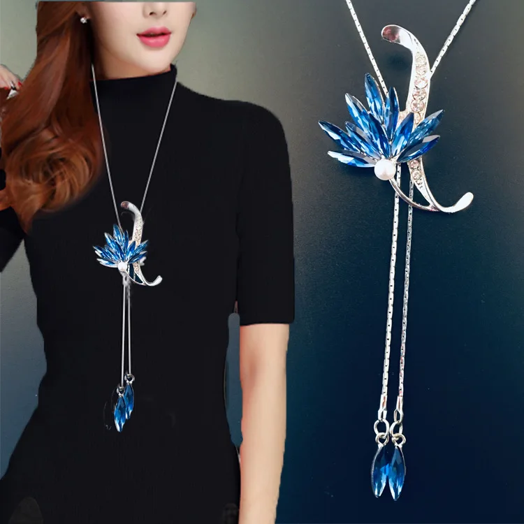 MX05 Hot sell wholesale Korean New Style Snowflake Long Crystal Sweater long Necklace For Women