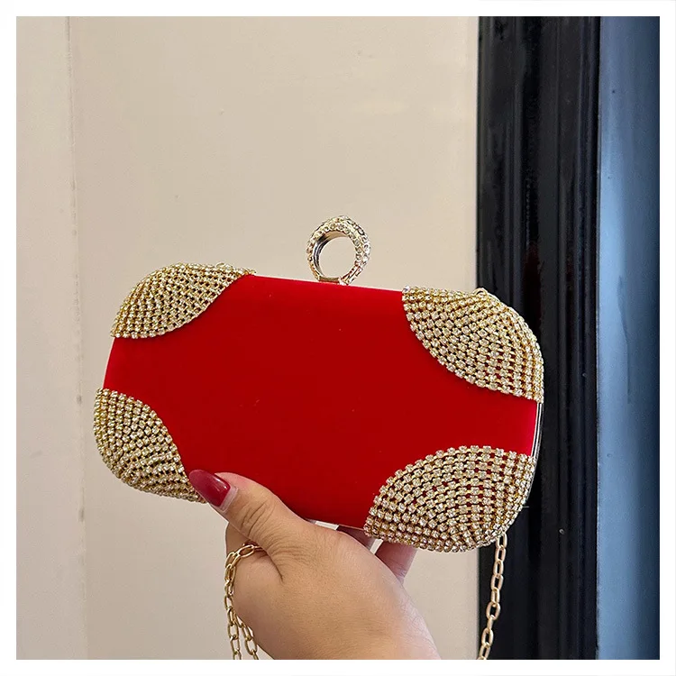 fashion retro party dinner evening bags women handbag single shoulder hand luxury rhinestone suede chain crossbody bag