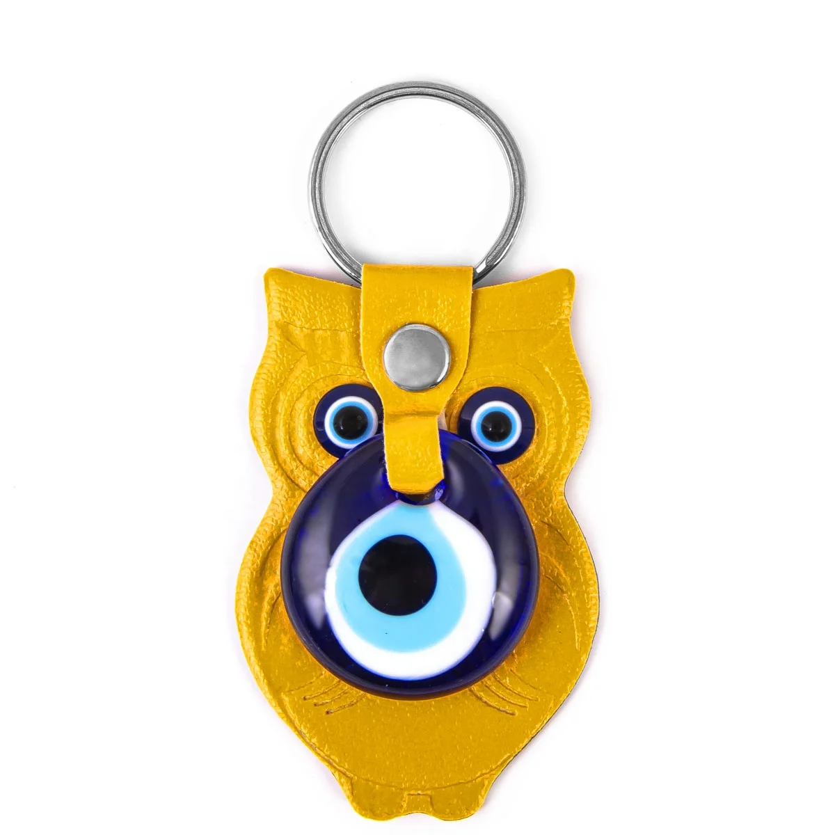 Owl Shaped Gold Fake Leather Key Chain With Hand Made Evil Eye From