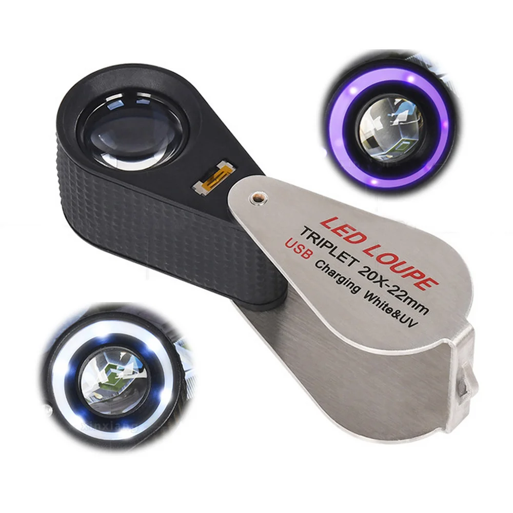 20X Jeweler Triplet USB Rechargeable Loupe Magnifier 6LED White Light and UV Black