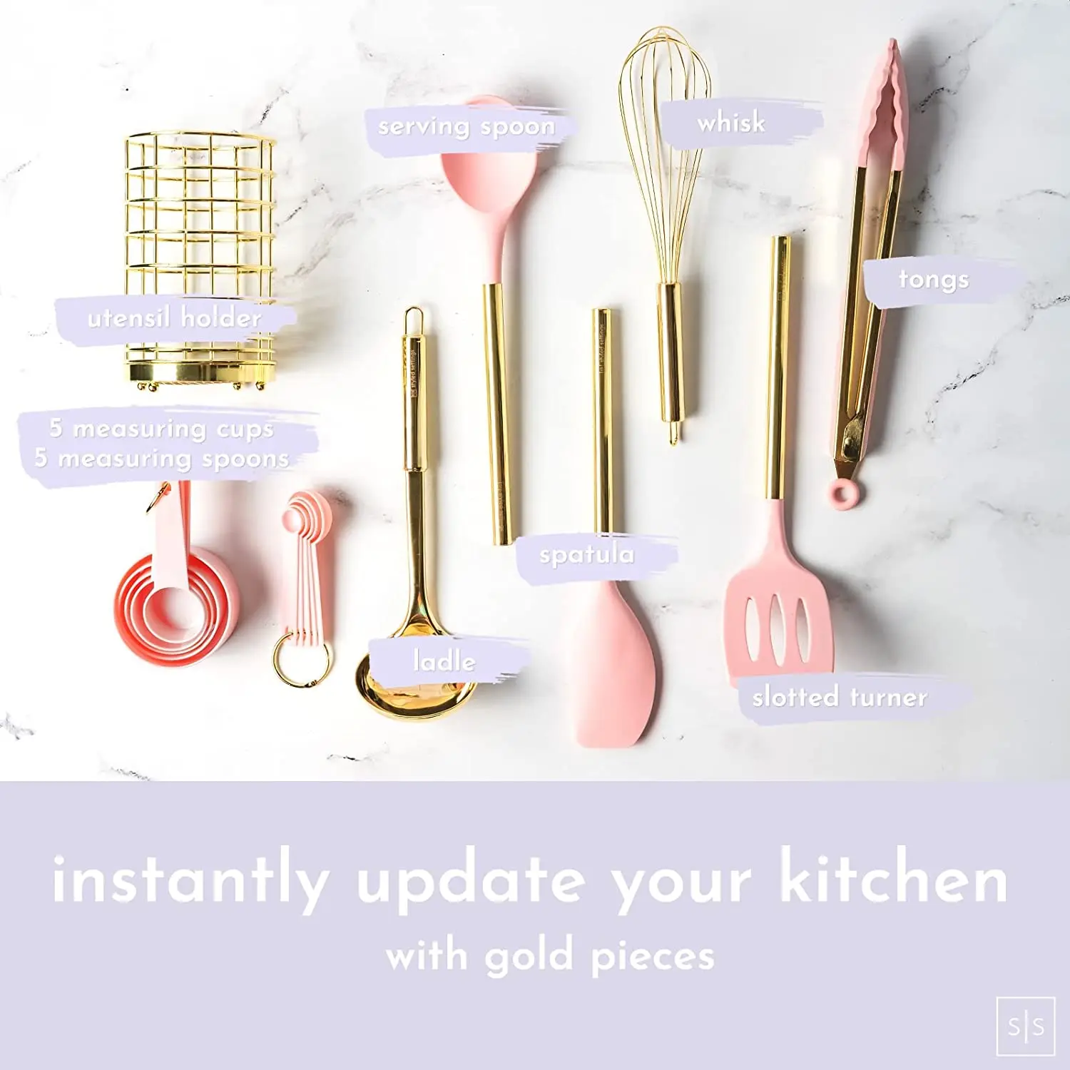 17 Pcs Gold & Pink Silicone Kitchen Utensils Set Cooking Utensils Set With Gold Holder Kitchen Accessories